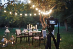 Professional event videography Dubai setup with camera filming an outdoor event