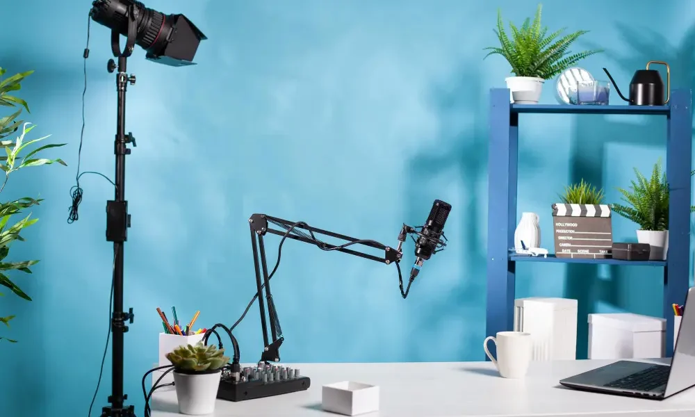 Professional video podcast studio setup with microphone, lighting, and recording equipment