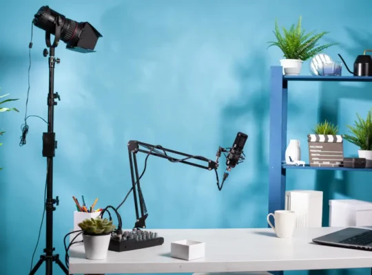 Professional video podcast studio setup with microphone, lighting, and recording equipment