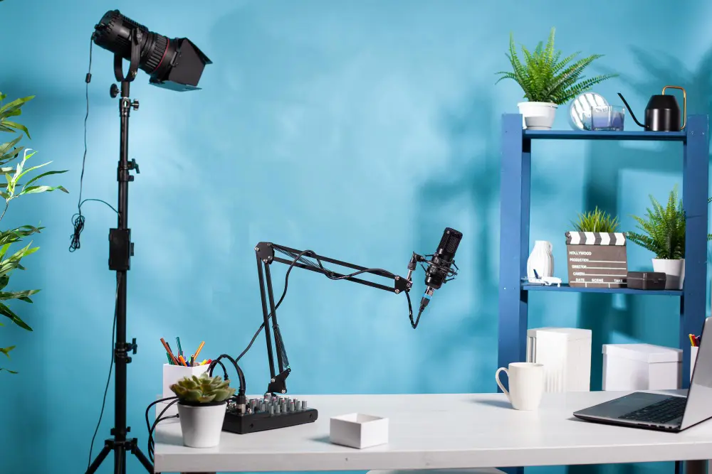 Professional video podcast studio setup with microphone, lighting, and recording equipment