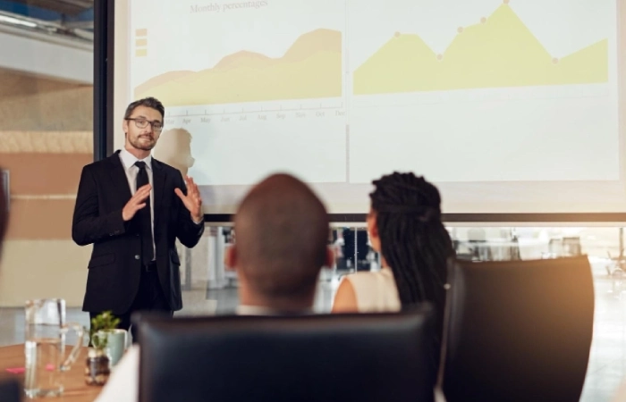 Business executive presenting a personal branding strategy to a professional audience