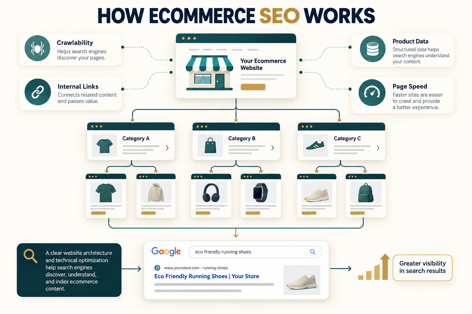 Ecommerce SEO site architecture showing category pages, product pages, internal links, and technical SEO supporting organic visibility