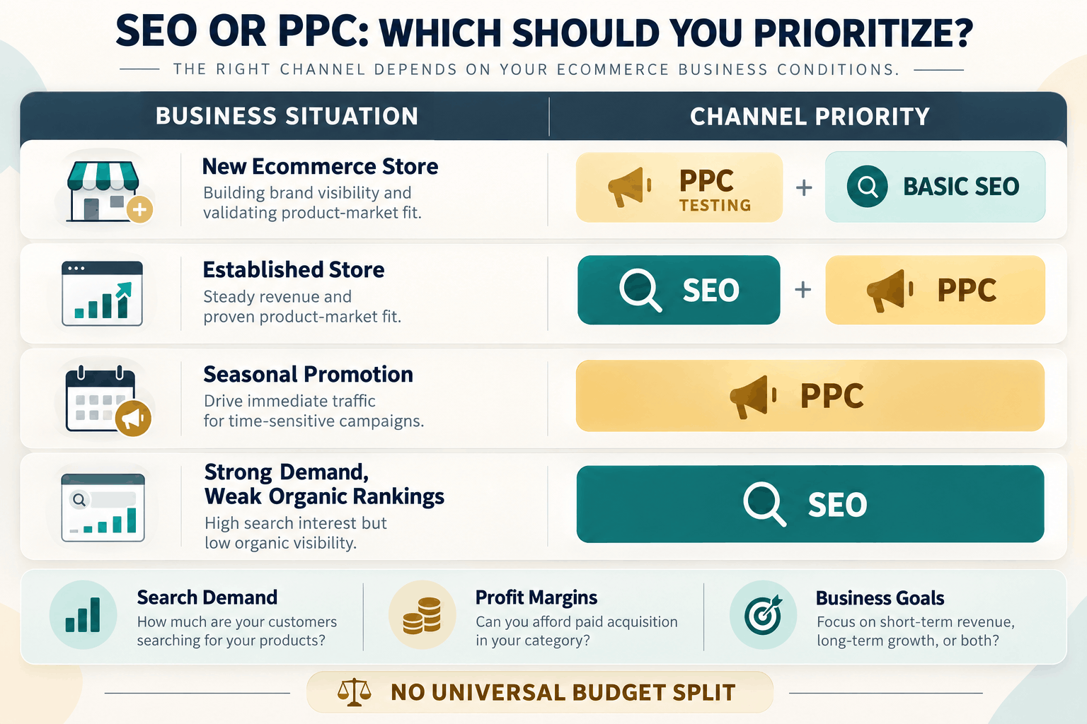 Ecommerce SEO vs PPC decision framework comparing recommended channel priorities for new stores, established stores, seasonal promotions, and weak organic rankings.