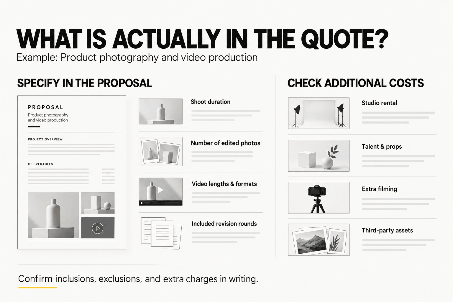 Creative production proposal checklist comparing deliverables to specify with potential additional costs such as studio rental, talent, and extra filming.