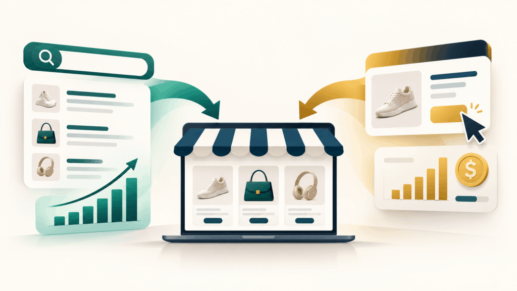 Ecommerce SEO vs PPC illustration showing organic search and paid advertising driving traffic to an online store.