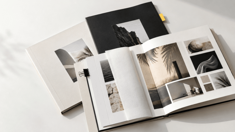 Three creative agency proposals arranged for comparison, with one marked by a yellow selection tab.