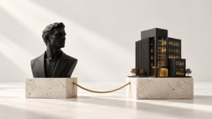 Personal branding vs corporate branding represented by an individual and a company building connected together.