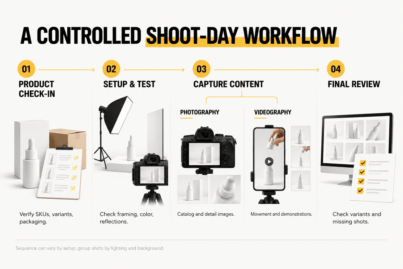 Four-stage product photoshoot workflow covering product check-in, setup and testing, photo and video capture, and final review.